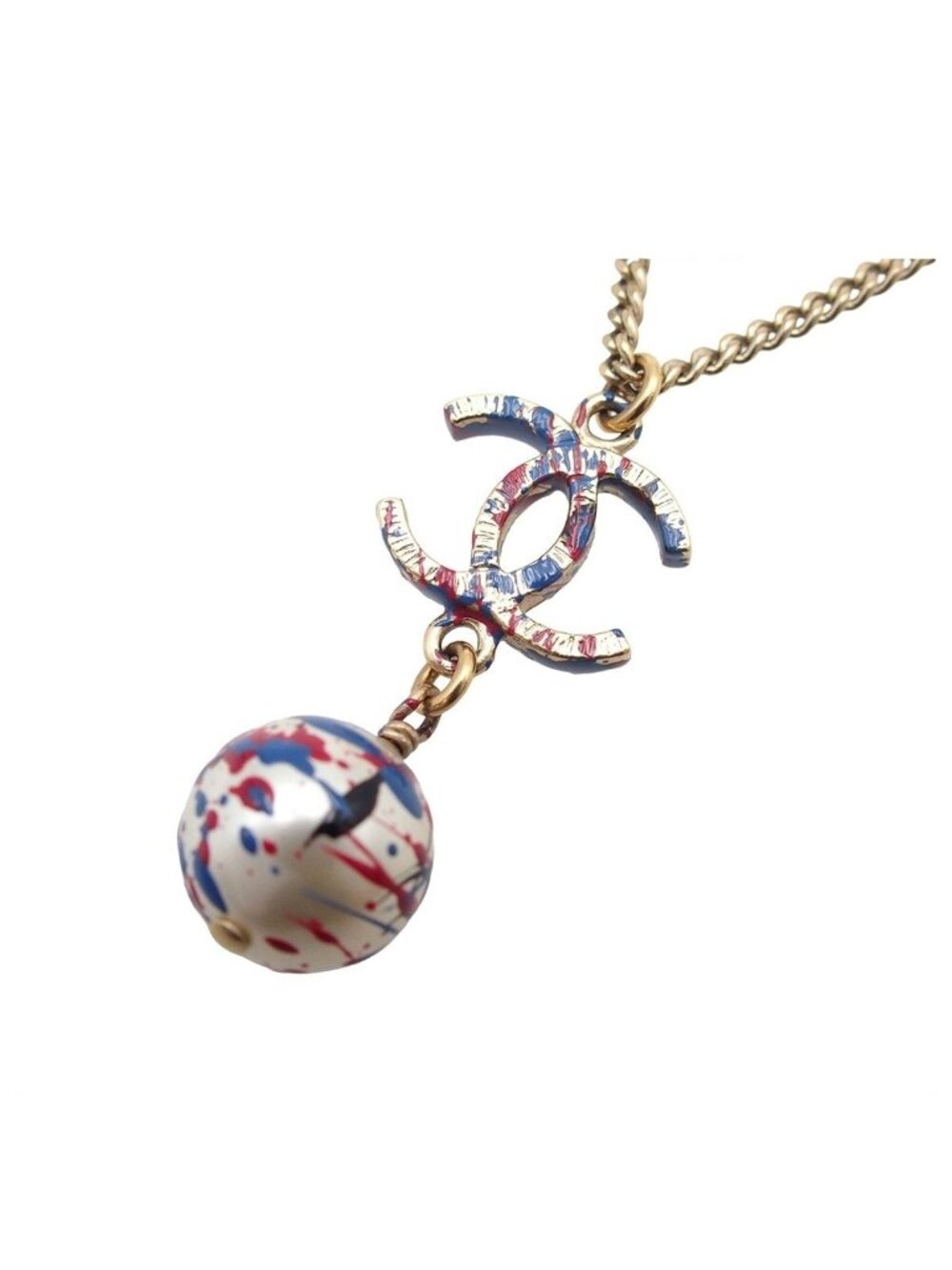 Chanel Necklace Gold Metal CC Logo Faux Pearl Paint Costume